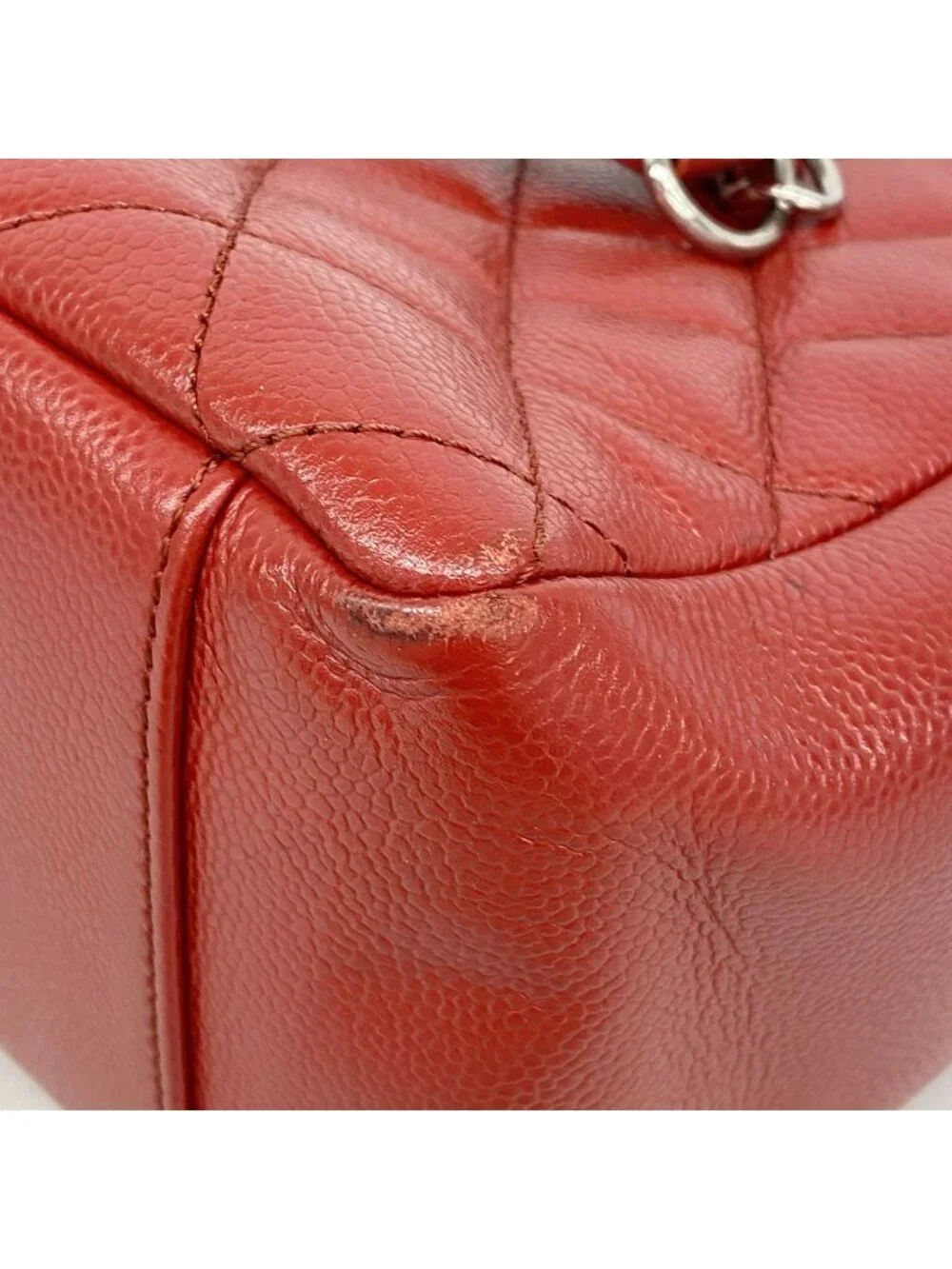 Chanel Chain Tote Bag Quilted Caviar Leather Red Silver